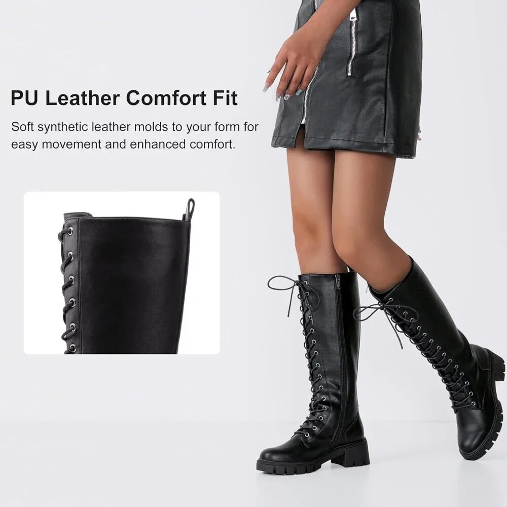 Women's Black Pu 953 Chunky Platform Heel Lace Gothic Knee High Combat Boots